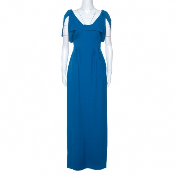 Pre Owned Fendi Blue Wool Blend Crepe Raw Edge Detail Maxi Dress M