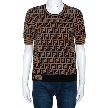 Pre Owned Fendi Black & Brown Zucca Monogram Print Knit Top M