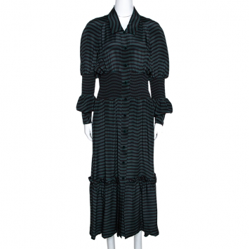 Pre Owned Fendi Dark Green & Black Silk Wavy Print Midi Dress M 