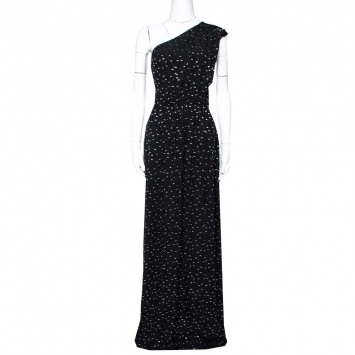 Pre Owned Fendi Black Textured Silk Metallic Speckled Effect One Shoulder Maxi Dress M