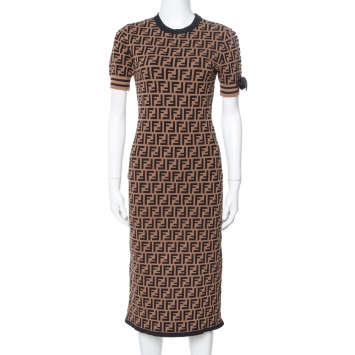 Pre Owned Fendi Brown Zucca Monogram Pattern Knit Fitted Dress S