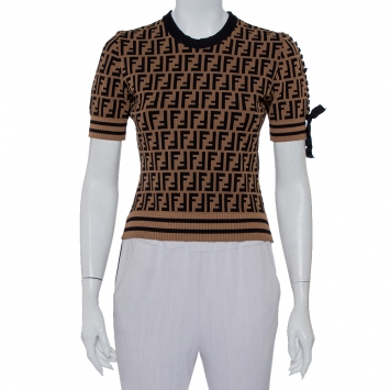 Pre Owned Fendi Brown Zucca Monogram Knit Tie Detail Crewneck Jumper S 