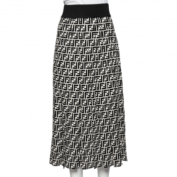 Pre Owned Fendi Monochrome Logo Printed Silk Elastic Waist Pleated Midi Skirt S