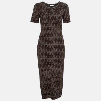 Pre Owned Fendi Brown Zucca Print Mesh Midi Dress S