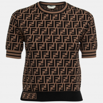 Pre Owned Fendi Brown Zucca Monogram Knit Pullover Top S   