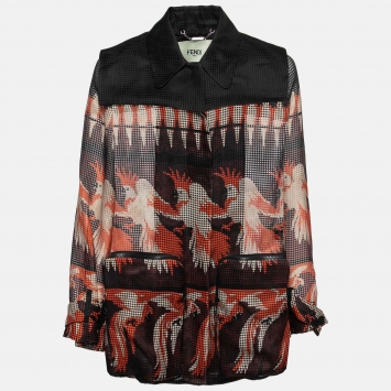 Pre Owned Fendi Black Printed Mesh Button Front Lightweight Jacket S