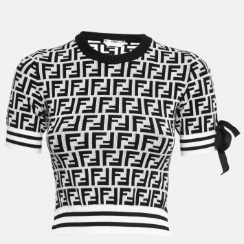 Pre Owned Fendi Monochrome Zucca Jacquard Rib Knit Trimmed Top XS
