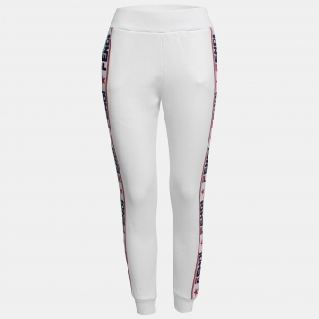 Pre Owned Fendi White Cotton Logo Tape Trimmed Joggers M