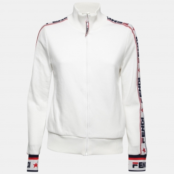 Pre Owned Fendi White Cotton Jersey Logo Stripe Detail Track Jacket M