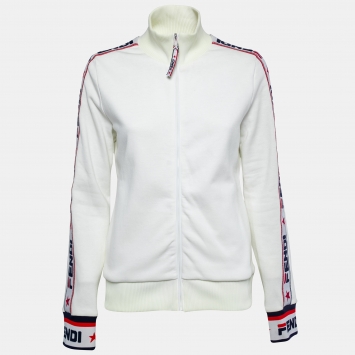 Pre Owned Fendi White Knit Logo Band Trim Zip-Up Track Jacket M