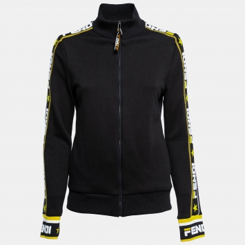 Pre Owned Fendi Black Knit Logo Band Trim Track Jacket M