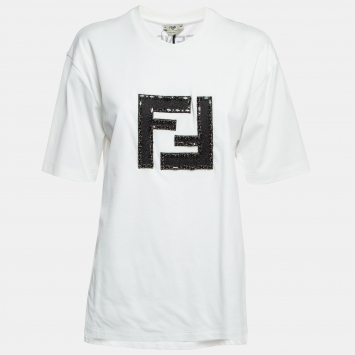 Pre Owned Fendi White Logo Embroidered Cotton Half Sleeve T-Shirt S