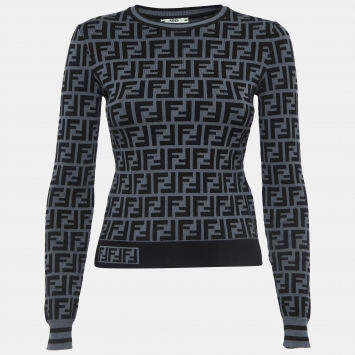 Pre Owned Fendi Grey FF Monogram Stretch Knit Jumper XS