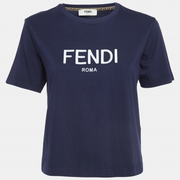 Pre Owned Fendi Navy Blue Logo Embroidered Cotton T-Shirt S