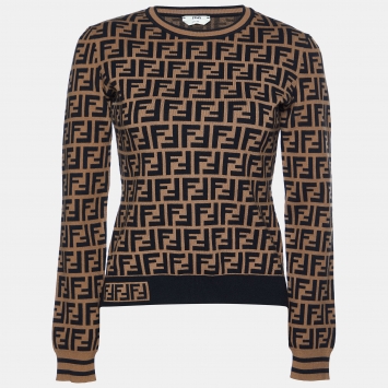 Pre Owned Fendi Brown Monogram Knit Crew Neck Sweater S