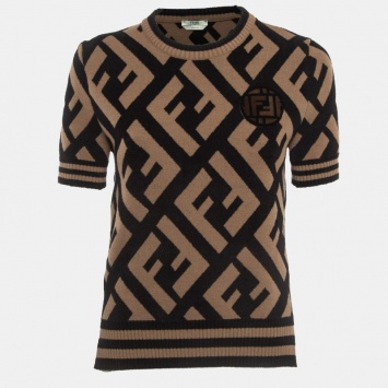 Pre Owned Fendi Brown/Black Zucca Embossed Knit Top M