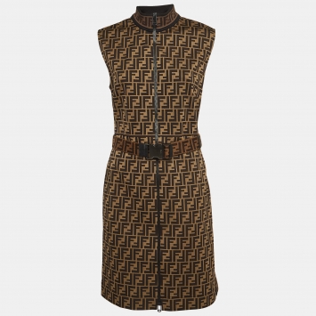 Pre Owned Fendi Brown Monogram Patterned Jersey Belted Mini Dress L