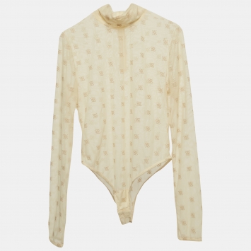 Pre Owned Fendi Beige FF Embroidered Mesh Bodysuit S
