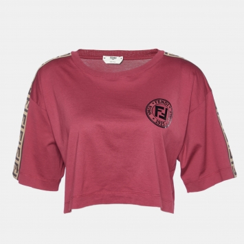 Pre Owned Fendi Maroon Logo Print Cotton Crew Neck Cropped T-Shirt S