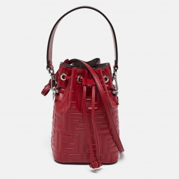 Pre Owned Fendi Red Zucca Leather Mini Mon Tresor Bucket Bag