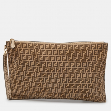 Pre Owned Fendi Beige/Brown Zucchino Suede Flat Wristlet Pouch