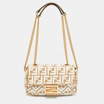 Pre Owned Fendi Beige/White Zucca Raffia and Fabric Midi Baguette Chain Shoulder Bag