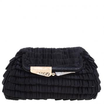 Pre Owned Fendi Black Raffled Satin Folded Clutch