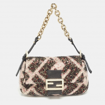 Pre Owned Fendi Multicolor Zucca Wool and Sequins Mini Mama Baguette Chain Bag