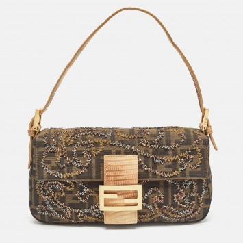 Pre Owned Fendi Beige/Tobacco Zucca Canvas and Lizard Embossed Leather Flap Beaded Baguette Bag