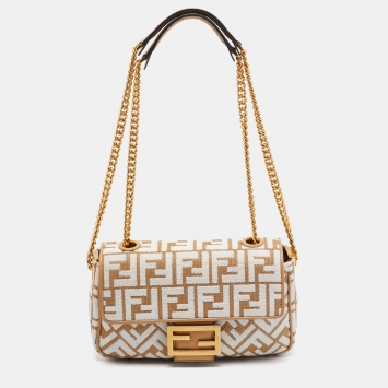 Pre Owned Fendi Beige/White FF Raffia and Leather Midi Chain Baguette Bag