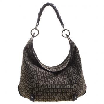 Pre Owned Fendi Dark Brown Zucchino Canvas Braided Handle Hobo