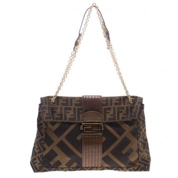 Pre Owned Fendi Tobacco Zucca Canvas Maxi Baguette Shoulder Bag