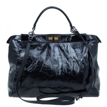 Pre Owned Fendi Black Patent Leather XL Large Peekaboo Satchel