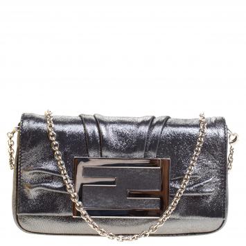 Pre Owned Fendi Metallic Grey Fabric Mia Pochette Bag