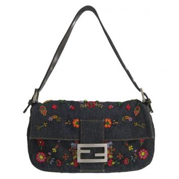 Pre Owned Fendi Blue Denim Embroidered Baguette Shoulder Bag