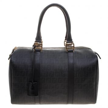 Pre Owned Fendi Black Zucchino Canvas Forever Bauletto Boston Bag