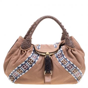 Pre Owned Fendi Beige Textured Leather Large Beaded Spy Hobo