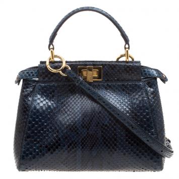 مملوكة مسبقًا Fendi Navy Blue Python Mini Peekaboo Top Handle Bag