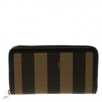 Pre Owned Fendi Black/Tobacco Pequin Canvas Zip Around Wallet