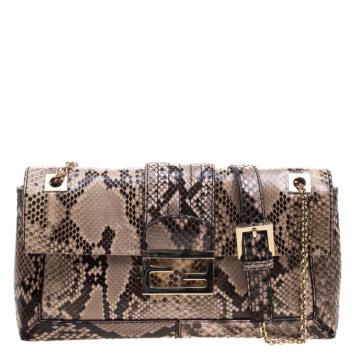 Pre Owned Fendi Beige Python Baguette Chain Flap Bag