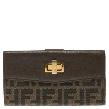 Pre Owned Fendi Brown Zucca Canvas and Leather Long Wallet