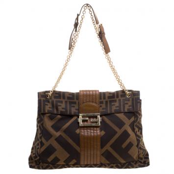 Pre Owned Fendi Tobacco Zucca Canvas Maxi Baguette Flap Shoulder Bag