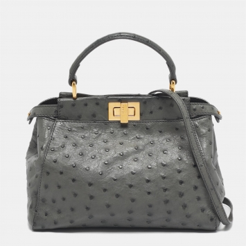 Fendi Grey Ostrich Leather Mini Peekaboo Top Handle Bag