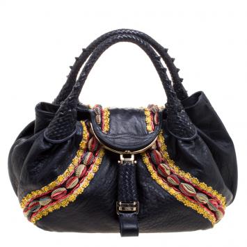 Pre Owned Fendi Dark Blue Leather Embroidered Limited Edition Spy Bag