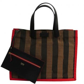 Pre Owned Fendi Red/Tobacco Pequin Stripe Canvas Tote