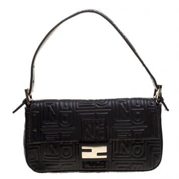 Pre Owned Fendi Balck Leather Logo Embossed Mama Baguette Shoulder Bag