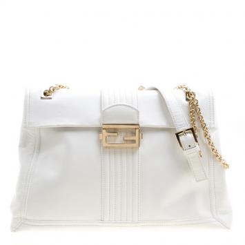 Pre Owned Fendi White Leather Maxi Baguette Flap Shoulder Bag