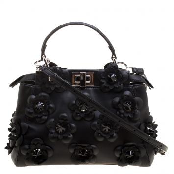 Pre Owned Fendi Black Leather Mini Peekaboo Allover Flowers Black Edition Top Handle Bag
