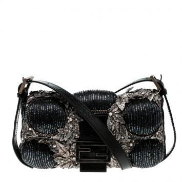 Pre Owned Fendi Black Beaded Embellishment Fabric Baguette Shoulder Bag
