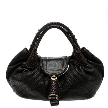 Pre Owned Fendi Dark Brown Pebbled Leather Spy Bag
